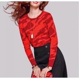 Cabi Womens M Red Camouflage Sakura Knit Long Sleeve Crew Neck Sweater 3158 Boho